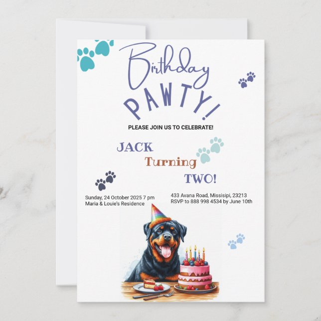 Invitation Anniversaire Pawty Rottweiler Chien Customisé Anni (Devant)
