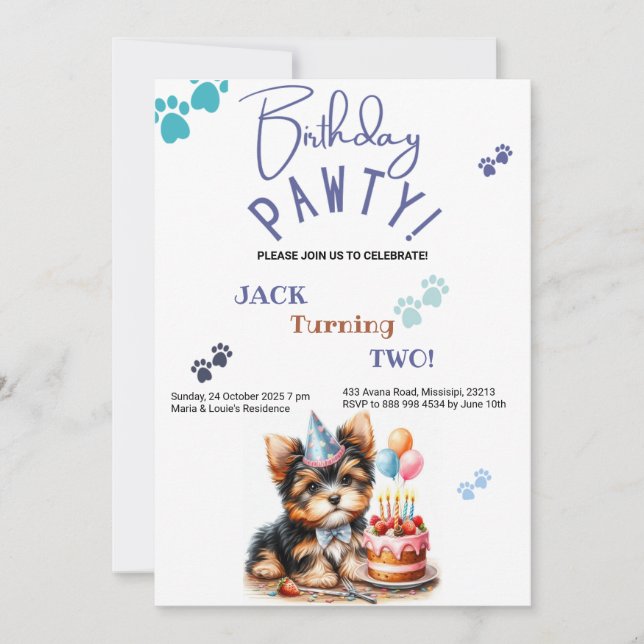 Invitation Anniversaire Pawty Yorkshire Terrier Chien Anniver (Devant)