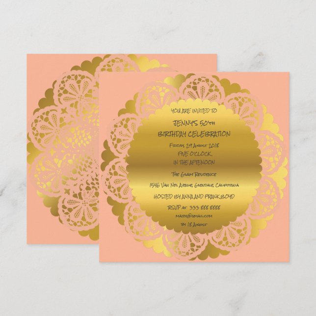 Invitation Anniversaire Peach Golden Pastel Lace Glam (Devant / Derrière)