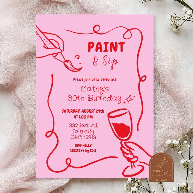 Invitation Anniversaire Peinture et Boisson Rose et Rouge Rét (Créateur téléchargé)