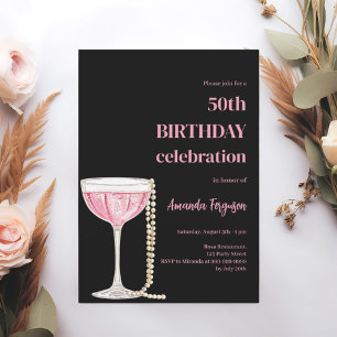 Invitation Anniversaire perles de vin rose noir mousseux