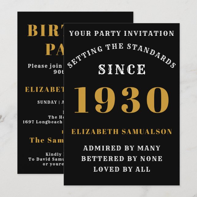 Invitation Anniversaire personnalisé 1930 Chic Black Gold Bla (Devant / Derrière)