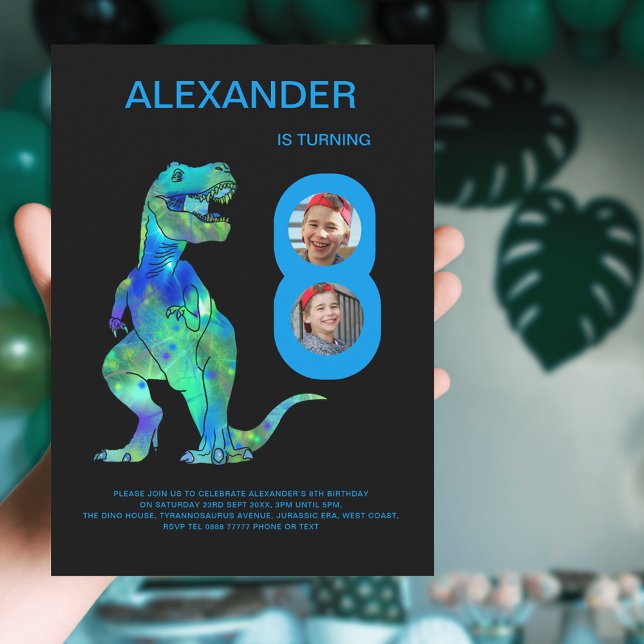 Invitation Anniversaire personnalisé de 8 ans de dinosaure ph (Dinosaur 8th birthday party photo invitation with colorful T-Rex dino)