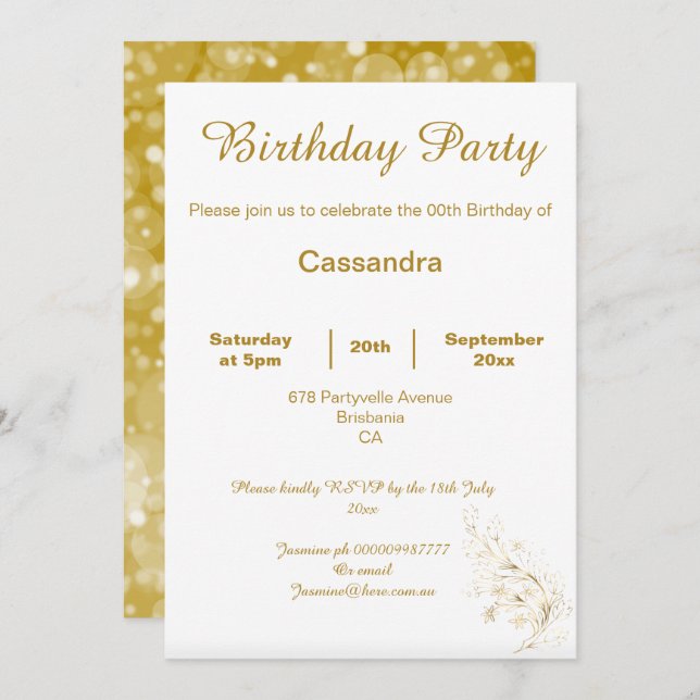INVITATION ANNIVERSAIRE PERSONNALISÉ DE L'ÉLÉGANT GOLD WHITE  (Devant / Derrière)
