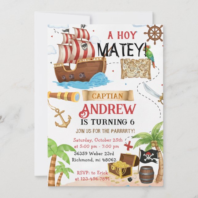 Invitation Anniversaire personnalisé d'enfant pirate (Devant)