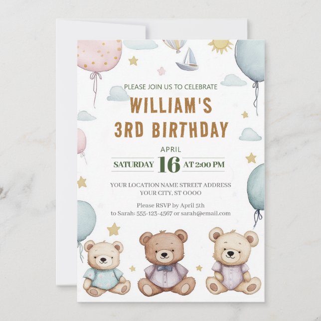 Invitation Anniversaire personnalisée Cute Teddy B (Devant)