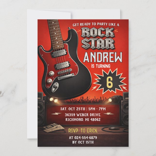 Invitation Anniversaire personnel Rock noir rouge (Devant)