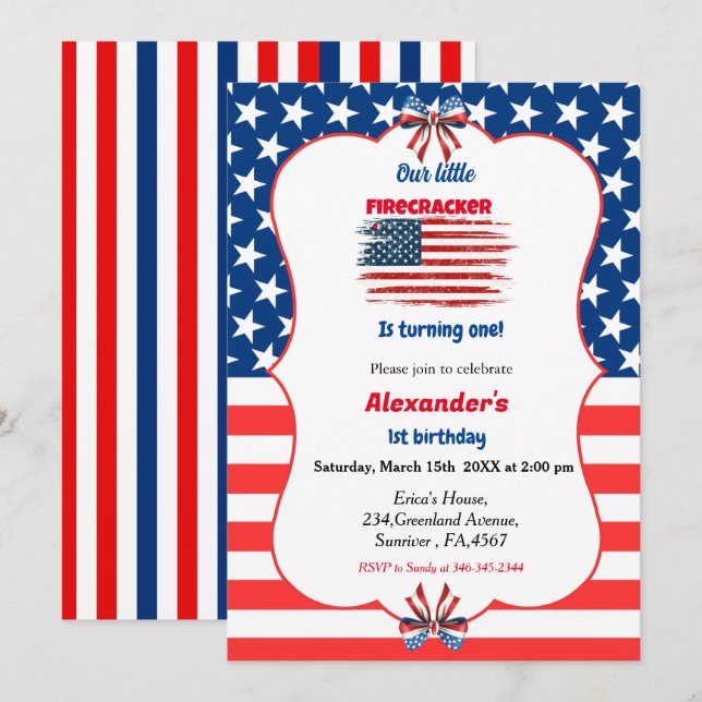 Invitation anniversaire petite pétard du 4 juillet (Devant / Derrière)