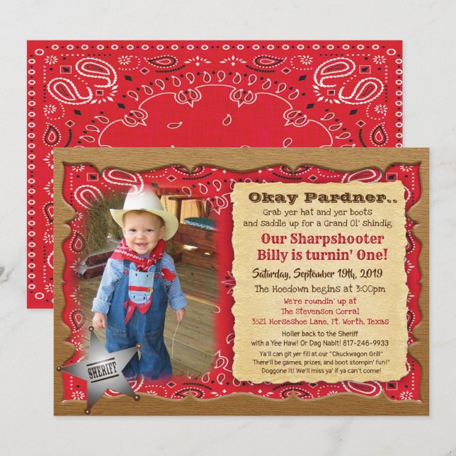 Invitation anniversaire Photo Cowboy pour tout âge (Devant / Derrière)