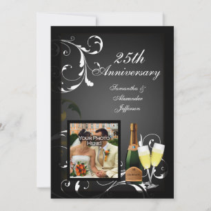 Invitation Anniversaire photo de Champagne d'argent noir et b