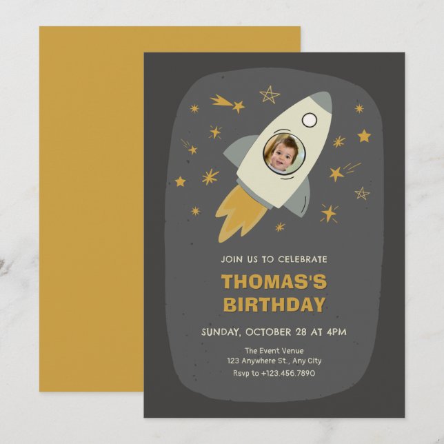 Invitation Anniversaire photo de l'astronaute spatial (Devant / Derrière)