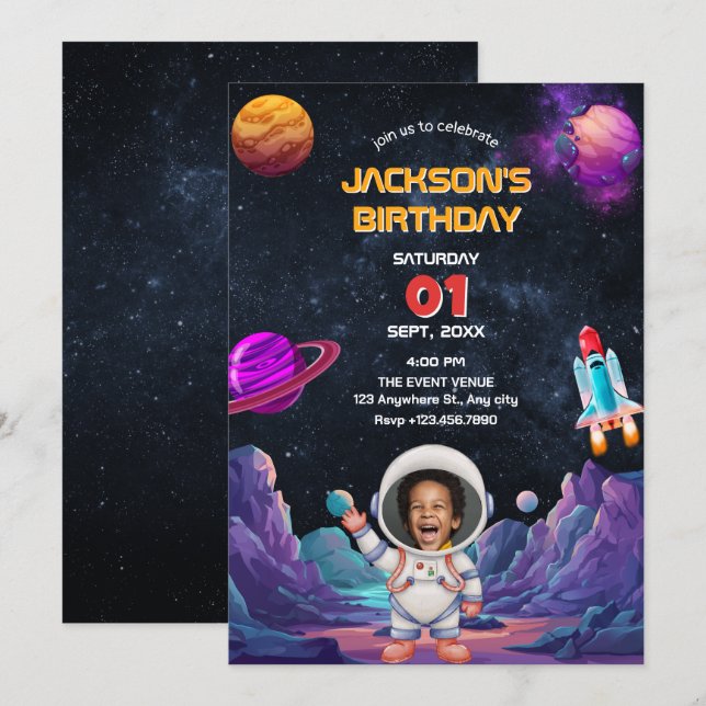 Invitation Anniversaire photo spatiale de l'astronaute (Devant / Derrière)