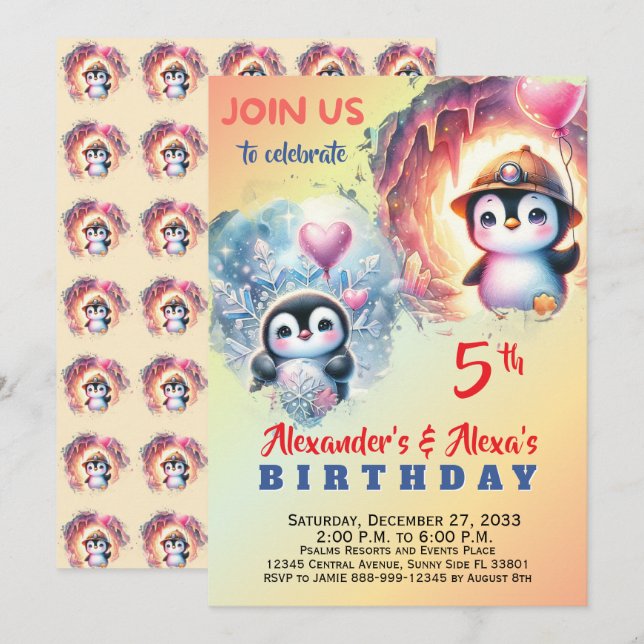 Invitation anniversaire pingouin aquarelle mignonn (Devant / Derrière)