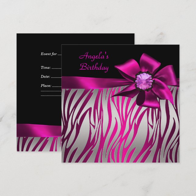 Invitation Anniversaire Pink Bow Black Pink Zebra Silver (Devant / Derrière)