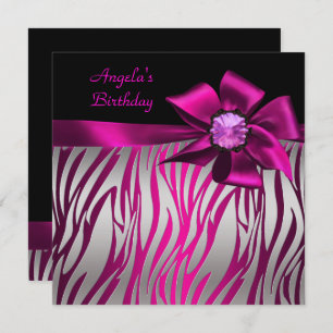 Invitation Anniversaire Pink Bow Black Pink Zebra Silver
