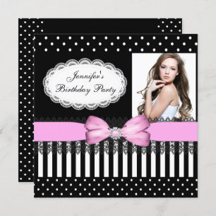 Invitation Anniversaire Pink Bow Noir Blanc Pois