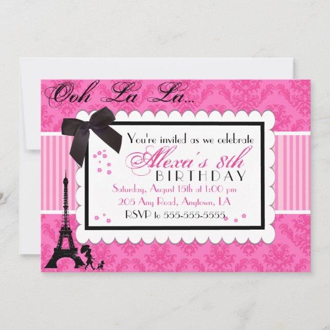 Invitation anniversaire Pink Paris Damask (Devant)