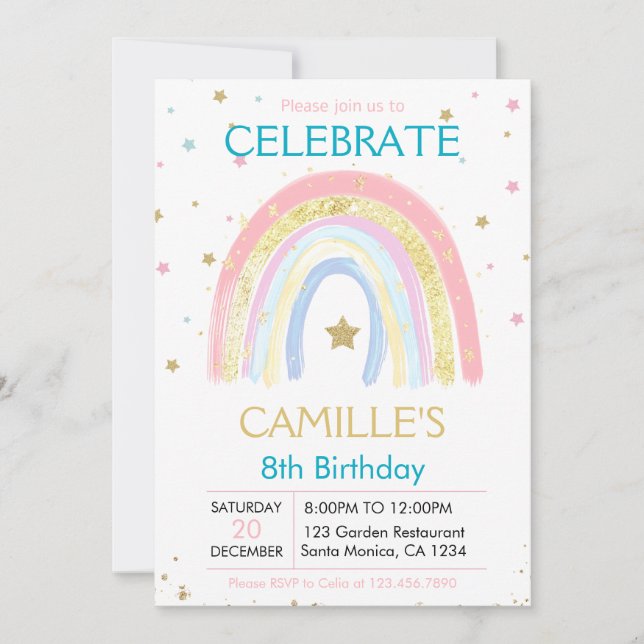 Invitation Anniversaire Pink Pastel Gold Rainbow (Devant)