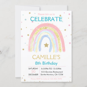Invitation Anniversaire Pink Pastel Gold Rainbow