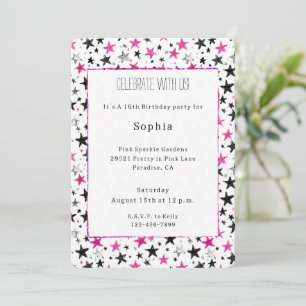 Invitation Anniversaire Pink Silver Black Stars