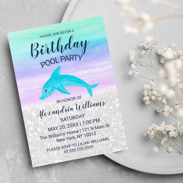 Invitation Anniversaire Piscine Dauphin Paillettes (Lavender Teal White Glitter Dolphin Pool Birthday)