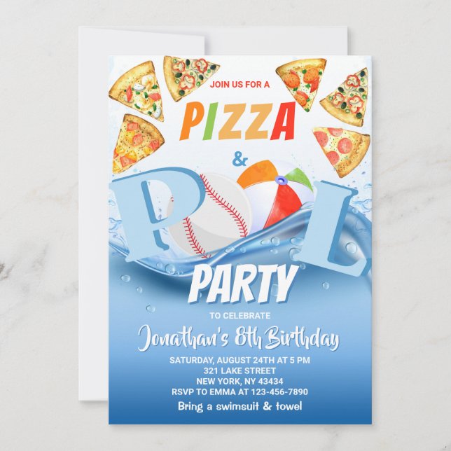 Invitation Anniversaire Pizza et Piscine (Devant)