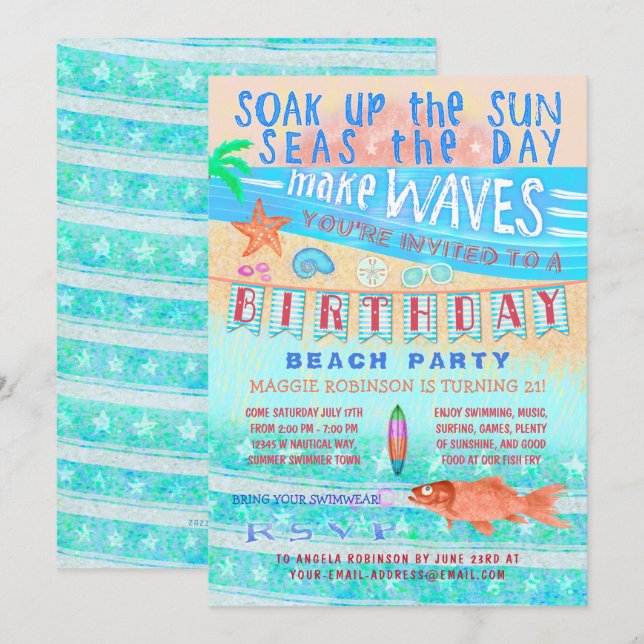 Invitation Anniversaire Plage ou fête de la piscine Surf de p (Devant / Derrière)