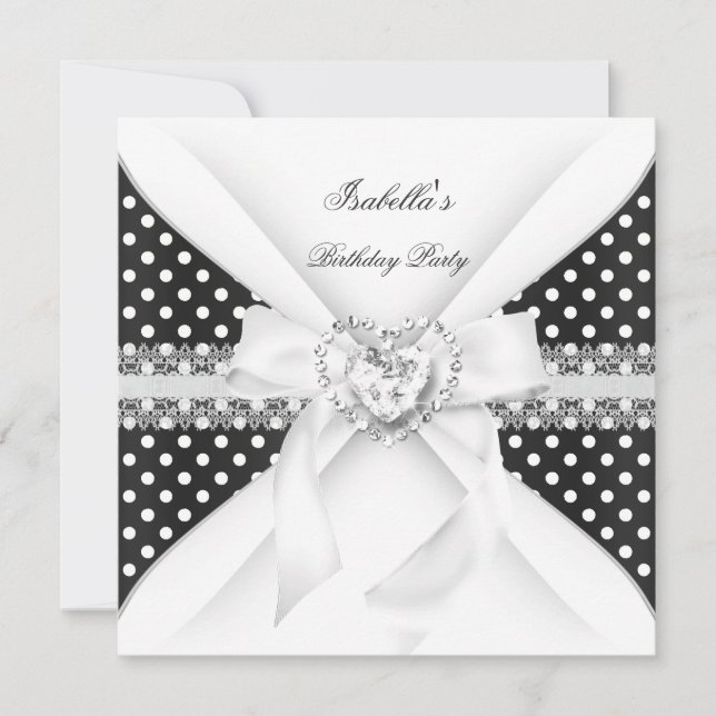 Invitation Anniversaire Pointe Polka Noir Blanc Diamant (Devant)