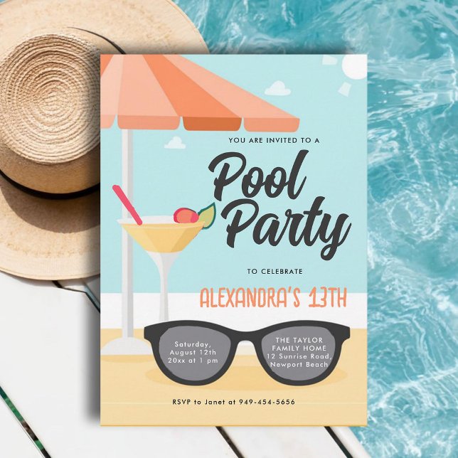 Invitation Anniversaire Pool Party Cute Lunettes de soleil Tu (pool birthday party invitations for teens girls tween thirteen sunglasses cute modern cool orange)