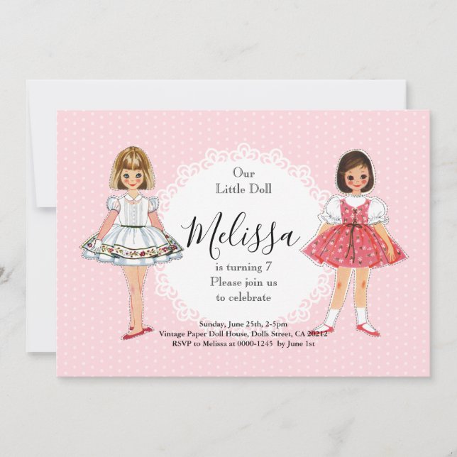 Invitation Anniversaire Poupées en Papier Vintage (Devant)