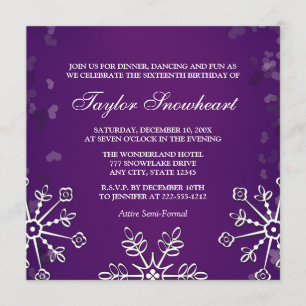 INVITATION ANNIVERSAIRE POURPRE DE SWEET SIXTEEN DE FLOCON DE