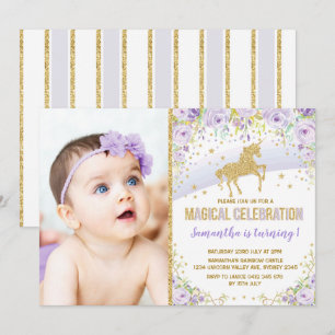Invitation Anniversaire pourpre d'or de lavande de licorne