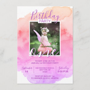 Invitation ANNIVERSAIRE pourpre rose de fille d'aquarelle UN