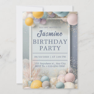 Invitation Anniversaire Poussière d'Or Ballons Pastel Élégant