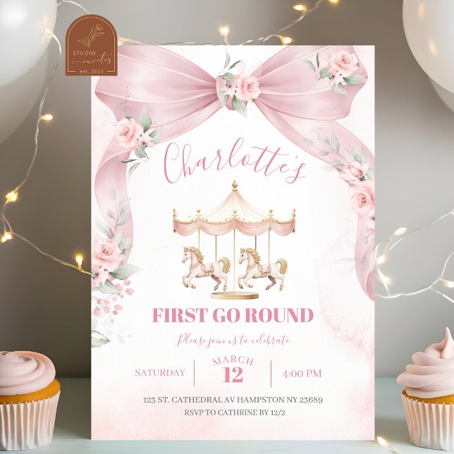 Invitation Anniversaire premier avec carrousel coquette ruban (Créateur téléchargé)