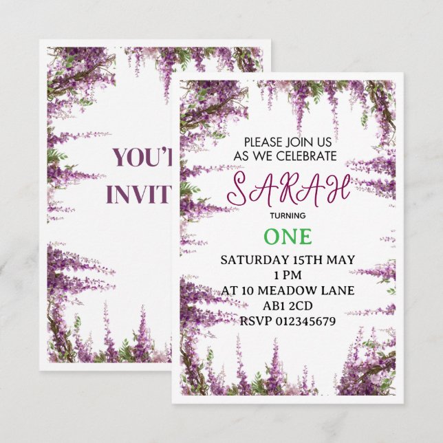 Invitation anniversaire premier éditable avec fleu (Devant / Derrière)