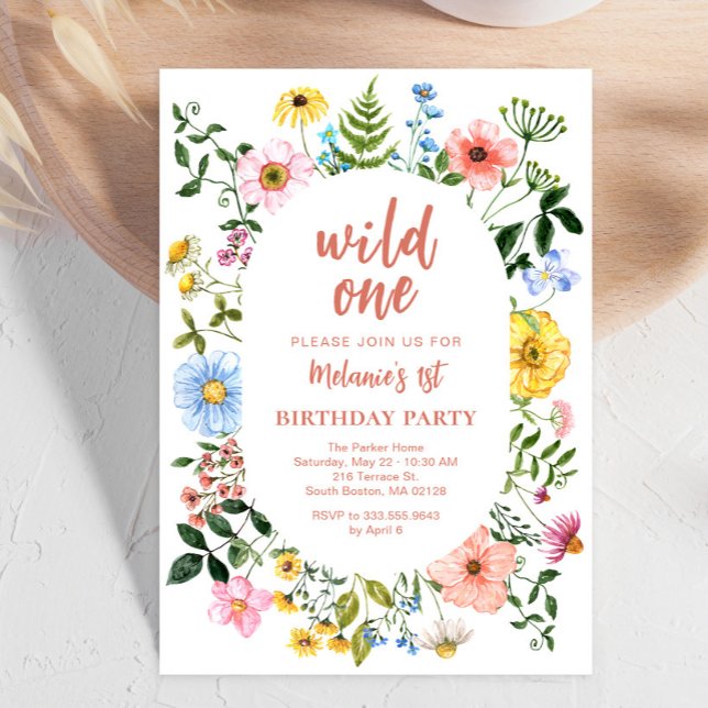 Invitation Anniversaire Premier Fleur Sauvage Wild (First birthday floral card invitation with pretty pastel wildflowers)