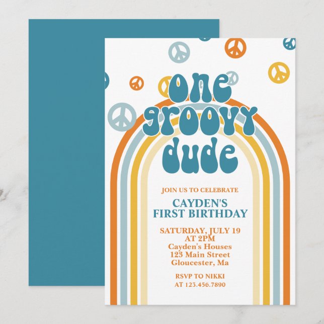 Invitation anniversaire premier Groovy One Retro B (Devant / Derrière)