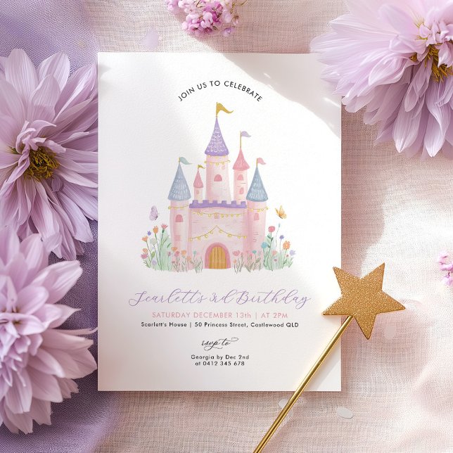 Invitation Anniversaire Princesse Élégant Château Enchanté Fi (Princess Castle Girls Birthday Invitation | Pastel Enchanted Castle )