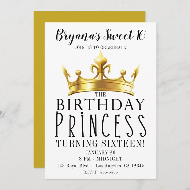 Invitation Anniversaire Princesse Gold Crown Tiara Sweet 16 P (Devant / Derrière)