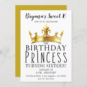 Invitation Anniversaire Princesse Gold Crown Tiara Sweet 16 P