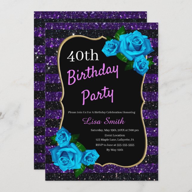 Invitation Anniversaire Purple Black Stripes Parties scintill (Devant / Derrière)