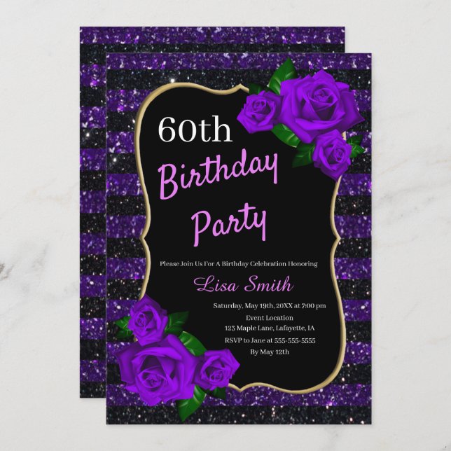 Invitation Anniversaire Purple Black Stripes Parties scintill (Devant / Derrière)