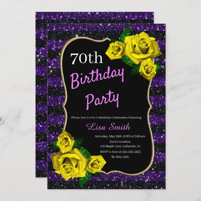 Invitation Anniversaire Purple Black Stripes Parties scintill (Devant / Derrière)