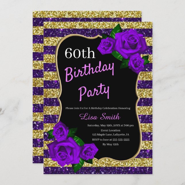Invitation Anniversaire Purple Gold Stripes Parties scintilla (Devant / Derrière)