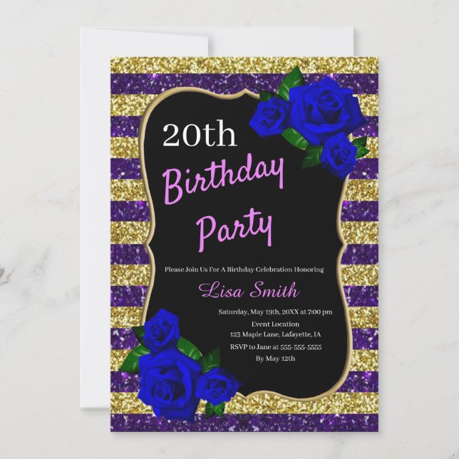 Invitation Anniversaire Purple Gold Stripes Parties scintilla (Devant)