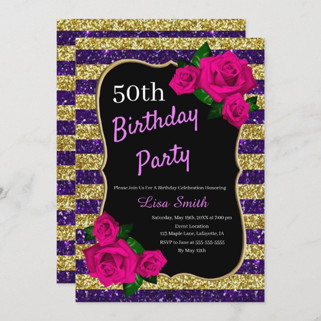 Invitation Anniversaire Purple Gold Stripes Parties scintilla (Devant / Derrière)