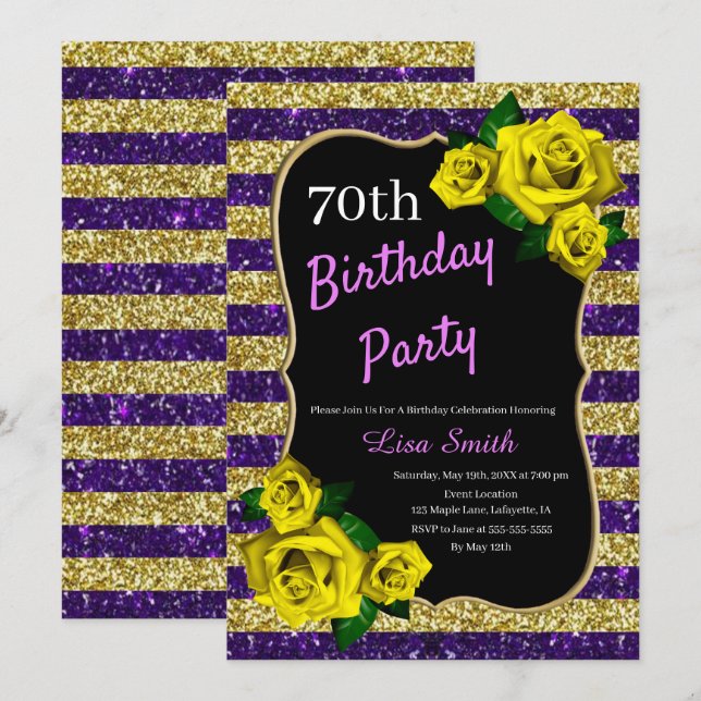 Invitation Anniversaire Purple Gold Stripes Parties scintilla (Devant / Derrière)