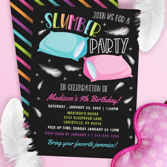 Invitation Anniversaire Pyjama Party Neon Arc-en-Ciel (Créateur téléchargé)