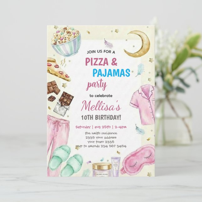 Invitation Anniversaire Pyjama Party Pizza et Nuit (Debout devant)